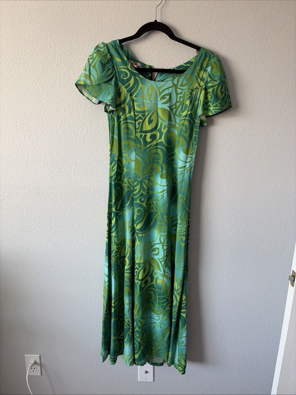 Hilo Hattie Hawaiian Tribal Tiare Kimi Green/Blue Floral Long A-Line Dress S